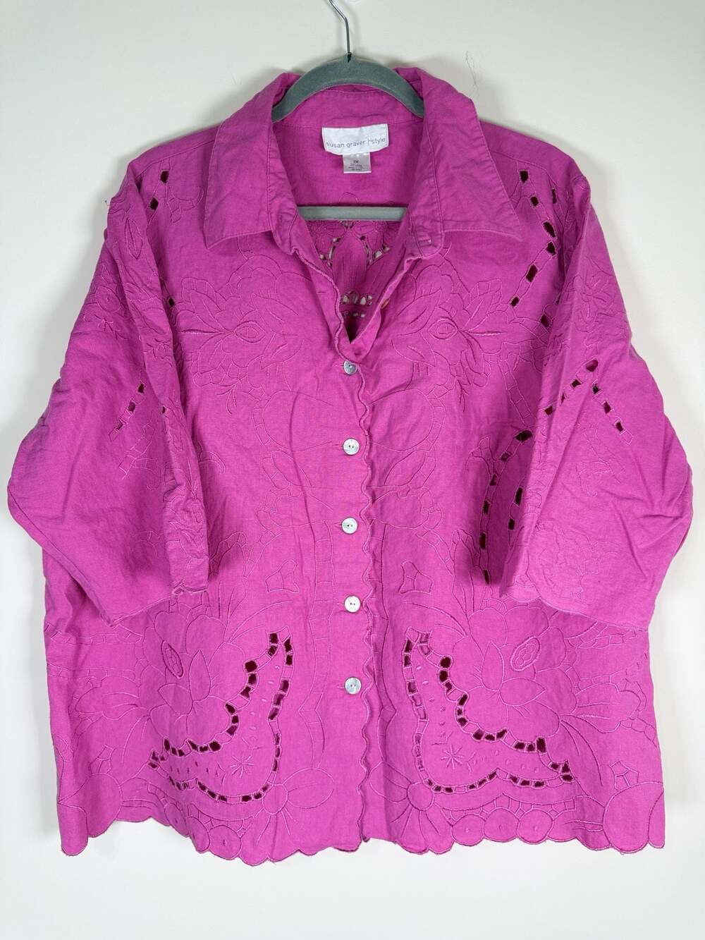 Susan Graver Style Pink Linen Blend Embroidered Scalloped 2X